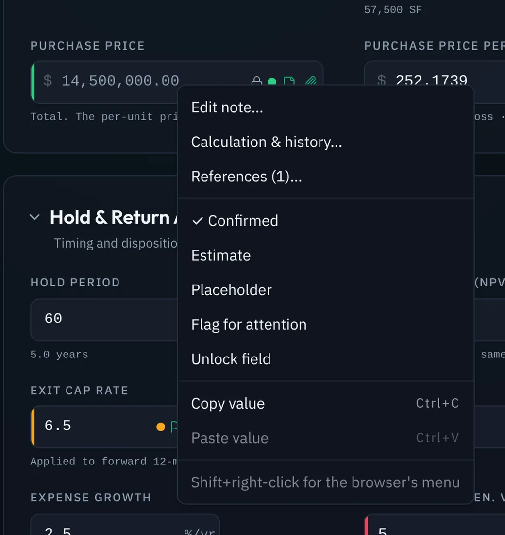Right-clicking the purchase price opens a menu: edit note, calculation and history, references, confirmed, estimate, placeholder, flag for attention, unlock field, copy and paste. The field shows a lock, a green confirmed dot, a note marker and a paperclip.
