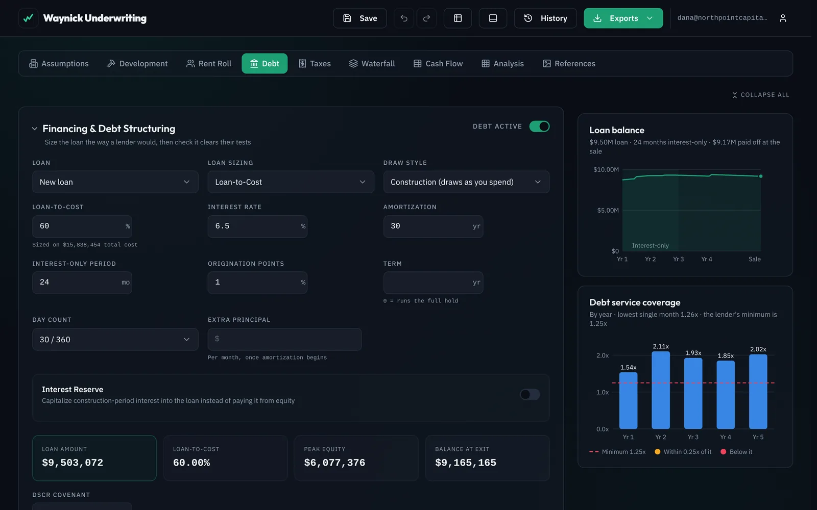 The Debt tab: loan sizing and draw style side by side, with interest rate, amortization and interest-only period, and a panel charting the loan balance over the hold and DSCR by year against the lender's minimum.