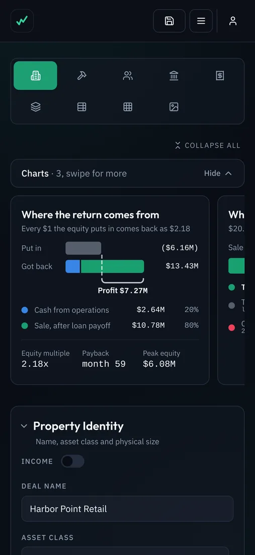 The Assumptions tab on a phone: under the tab strip, a Charts bar reading three, swipe for more, with a Hide button, above the first chart card, equity put in against equity got back with the profit bracketed, and the edge of the next card, before the form begins.