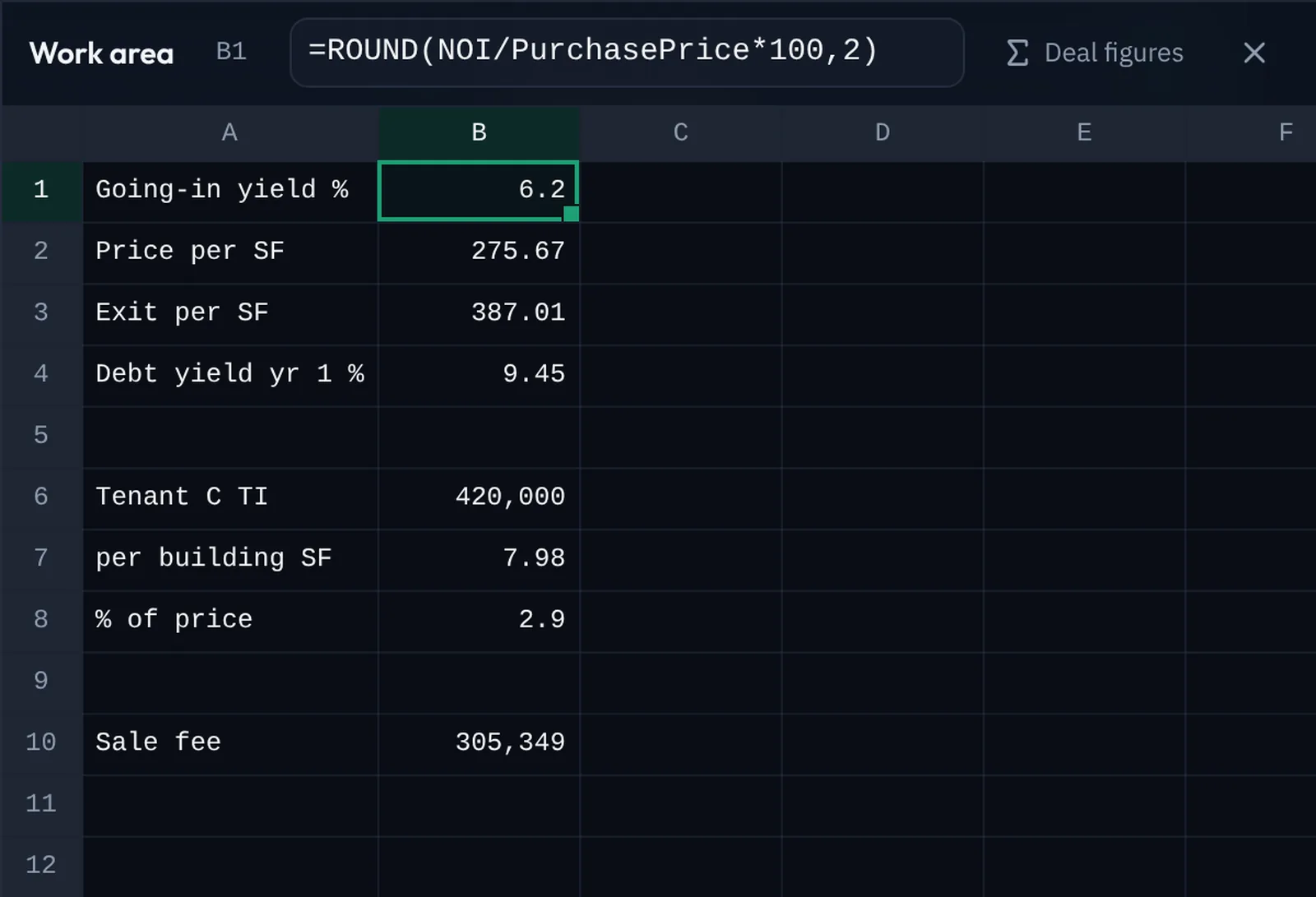 The work area open beside the deal: a small spreadsheet titled Checks, with the formula =ROUND(NOI/PurchasePrice*100,2) in the bar, and rows for going-in yield, price and exit value per square foot, debt yield, a tenant's TI allowance in total, per building foot and as a share of price, and a broker's fee at sale.